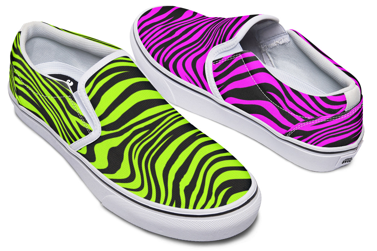 Green and Fuchsia Mismatched Neon Zebra Slip Ons