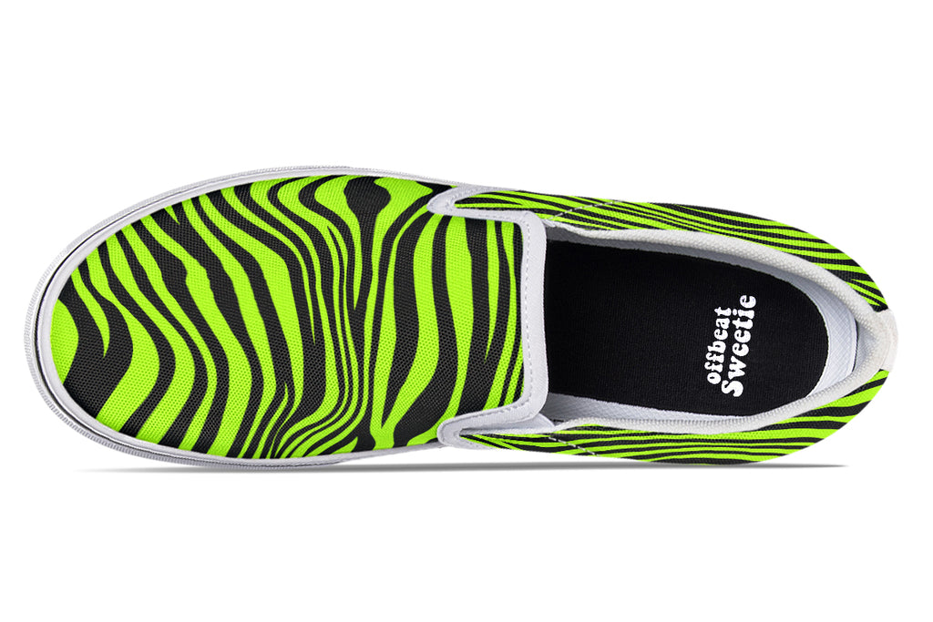 Green and Fuchsia Mismatched Neon Zebra Slip Ons