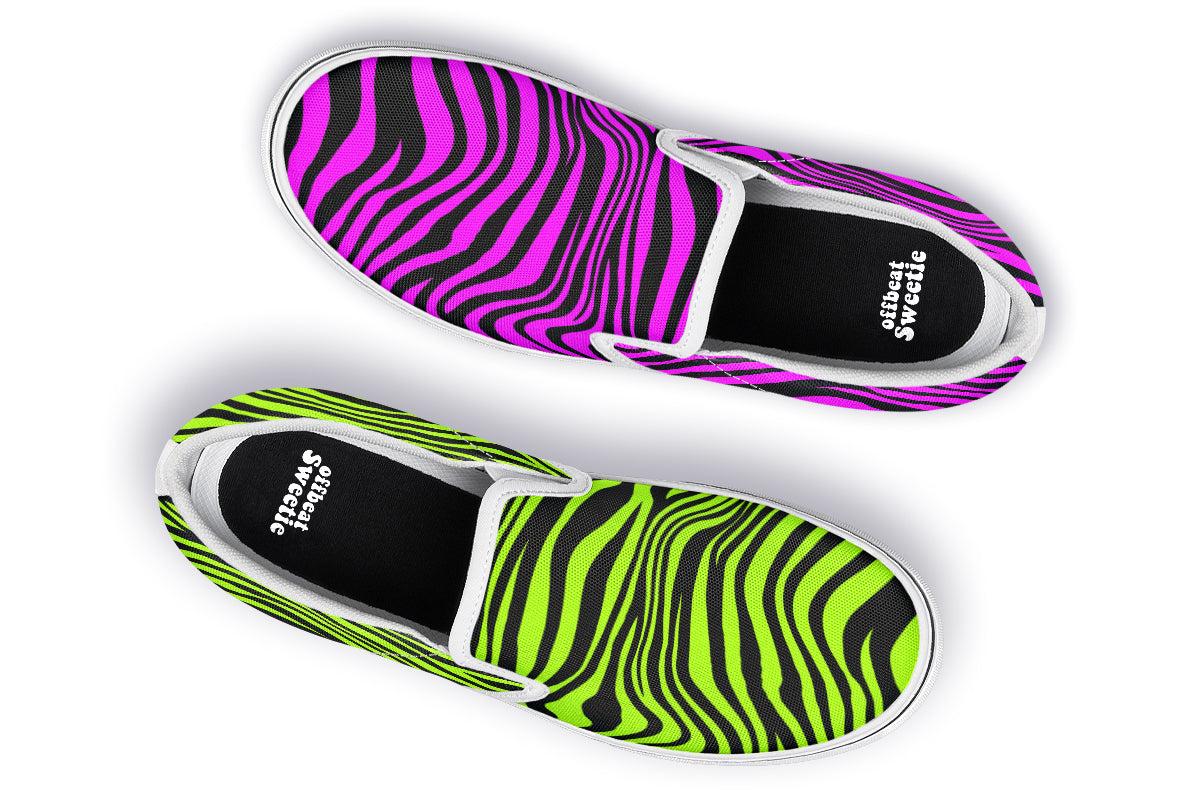 Green and Fuchsia Mismatched Neon Zebra Slip Ons
