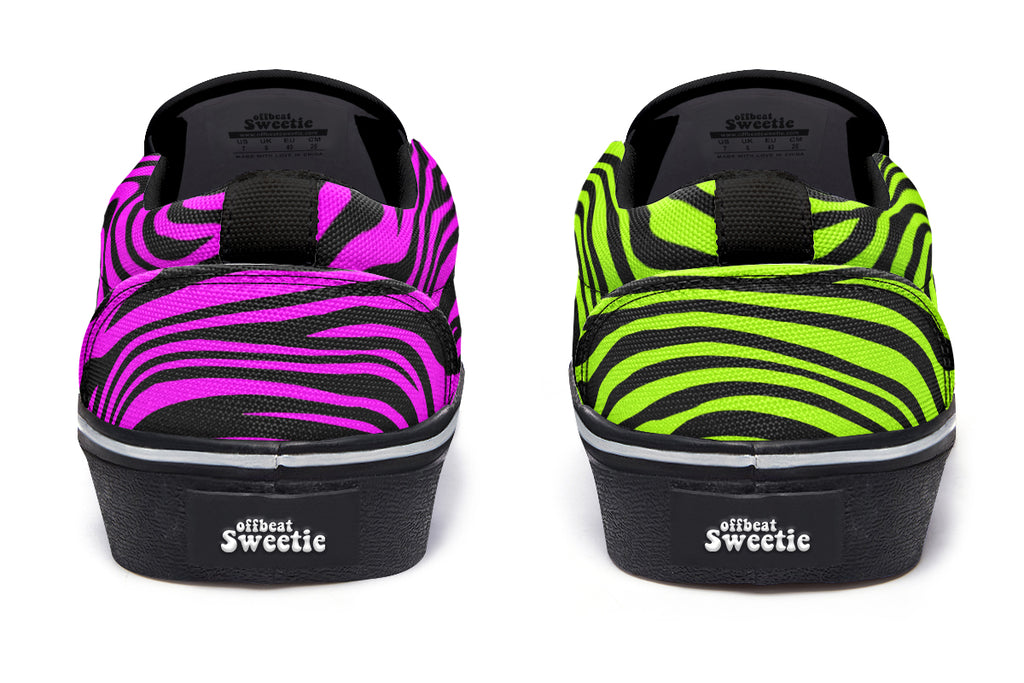 Green and Fuchsia Mismatched Neon Zebra Slip Ons