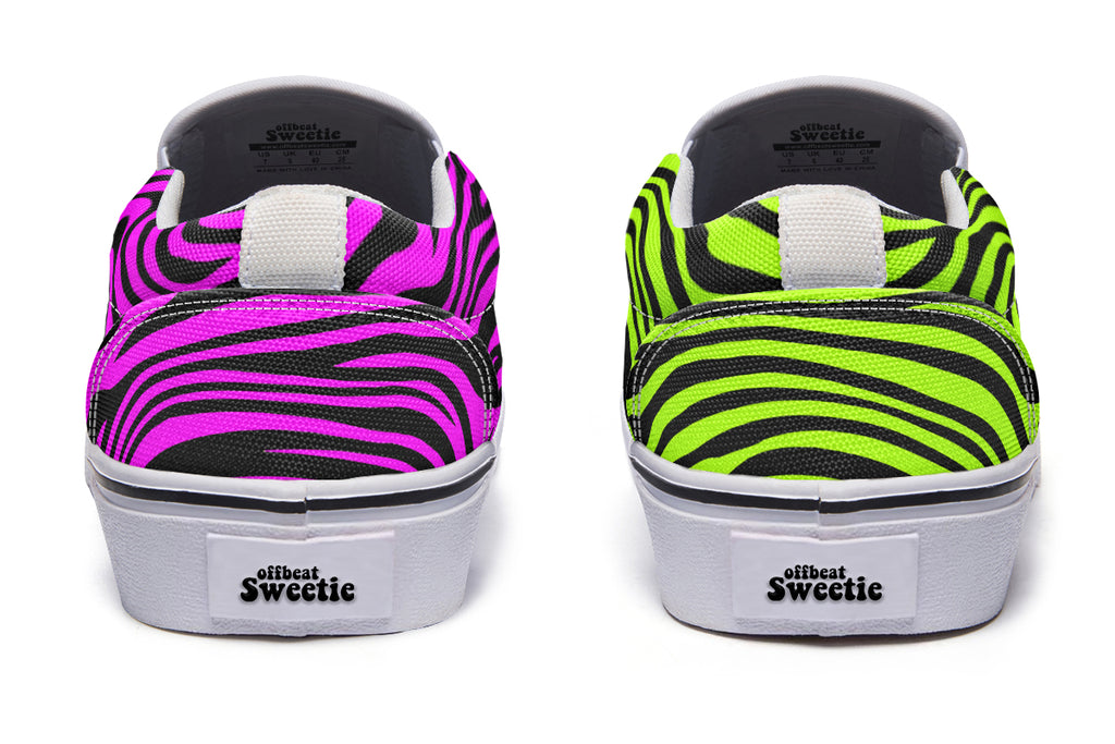 Green and Fuchsia Mismatched Neon Zebra Slip Ons