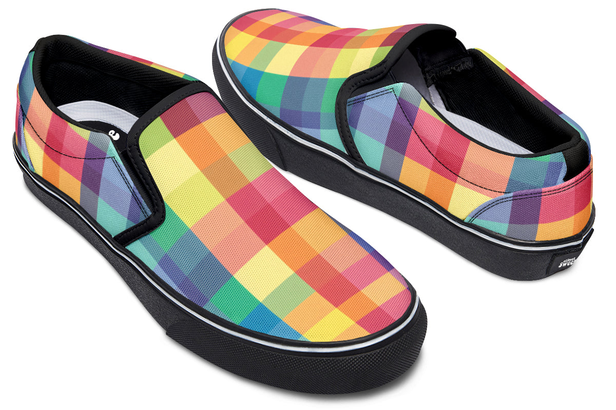 Happy Rainbow Plaid Slip Ons