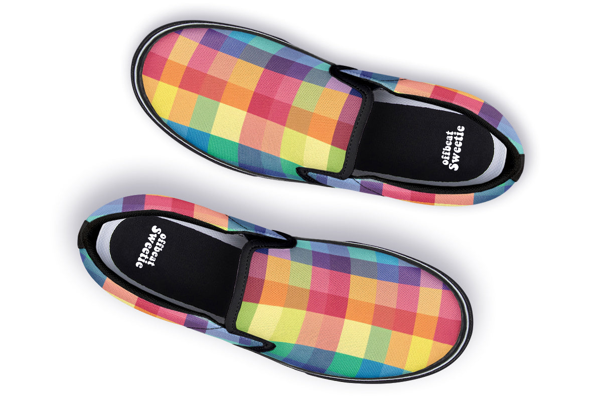 Happy Rainbow Plaid Slip Ons