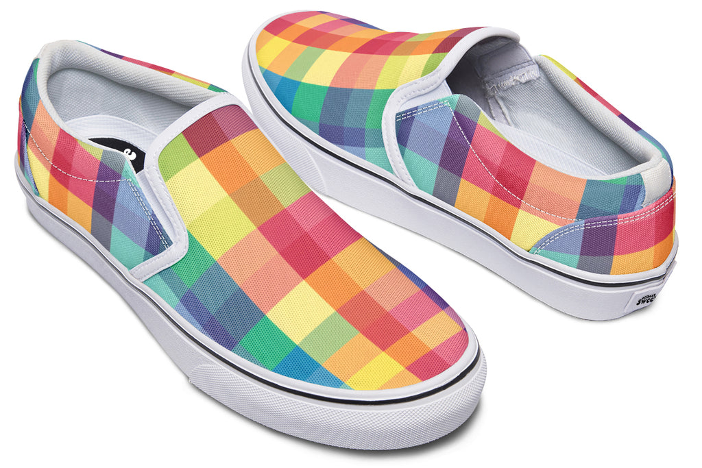 Happy Rainbow Plaid Slip Ons