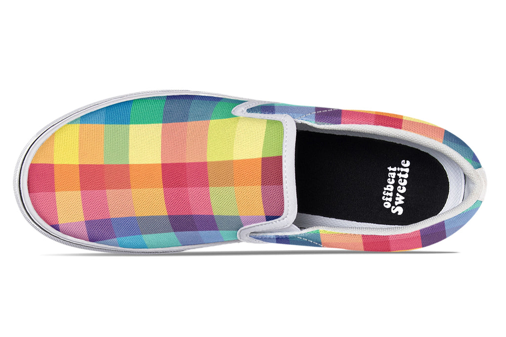 Happy Rainbow Plaid Slip Ons