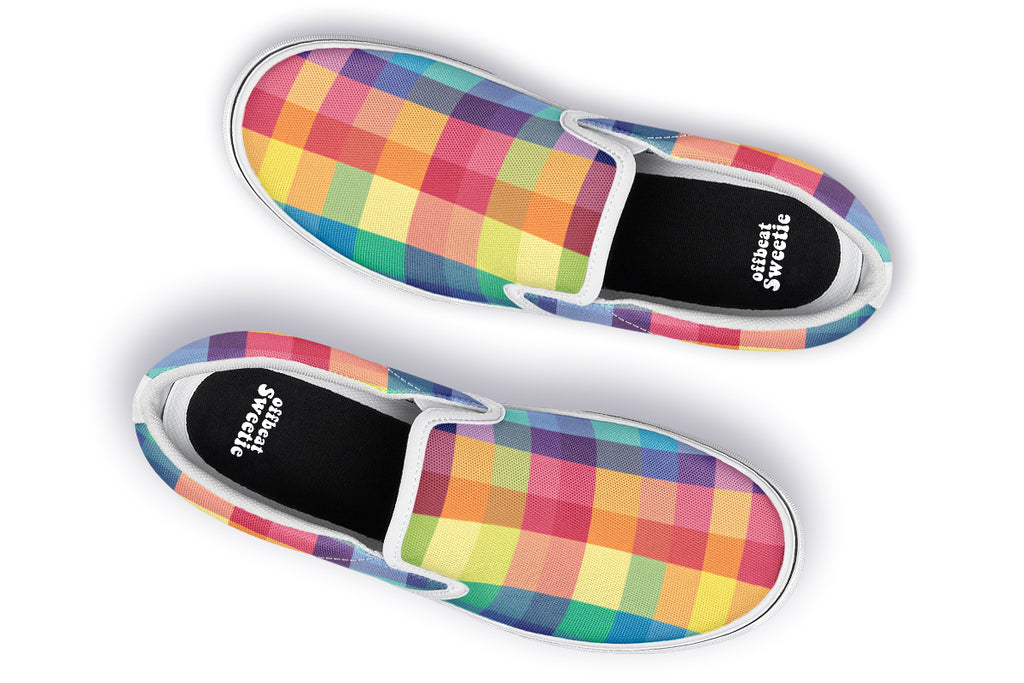 Happy Rainbow Plaid Slip Ons