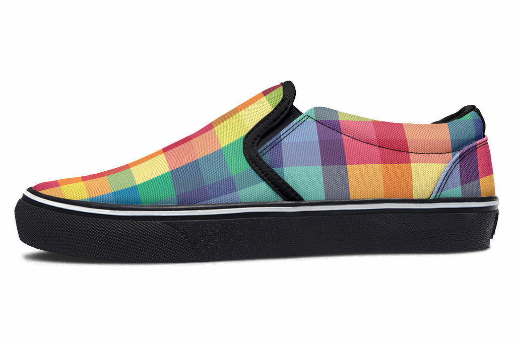 Happy Rainbow Plaid Slip Ons