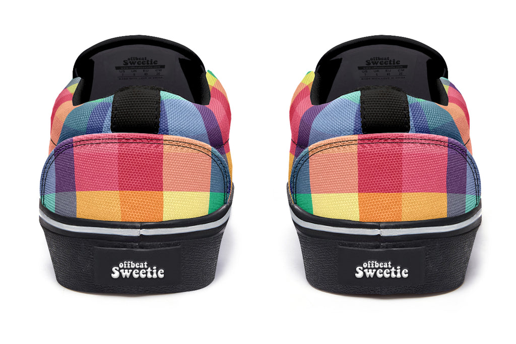 Happy Rainbow Plaid Slip Ons