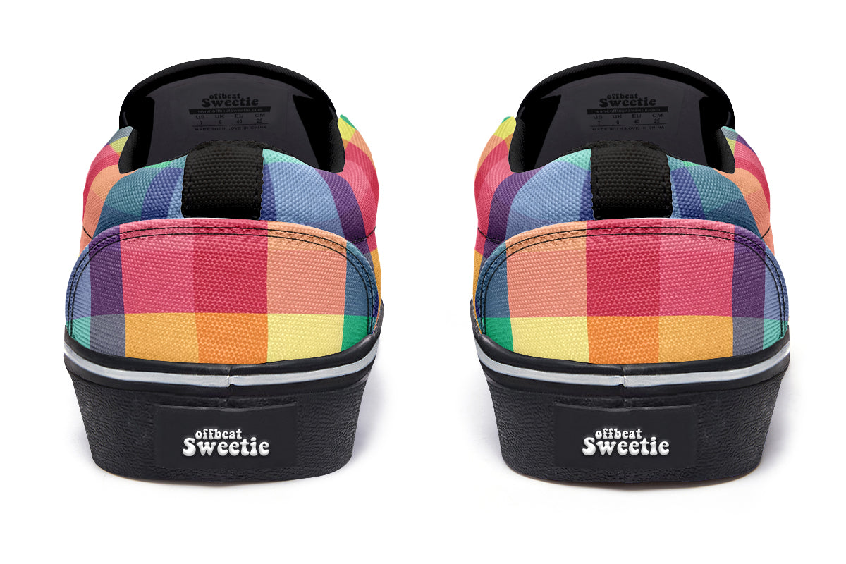 Happy Rainbow Plaid Slip Ons