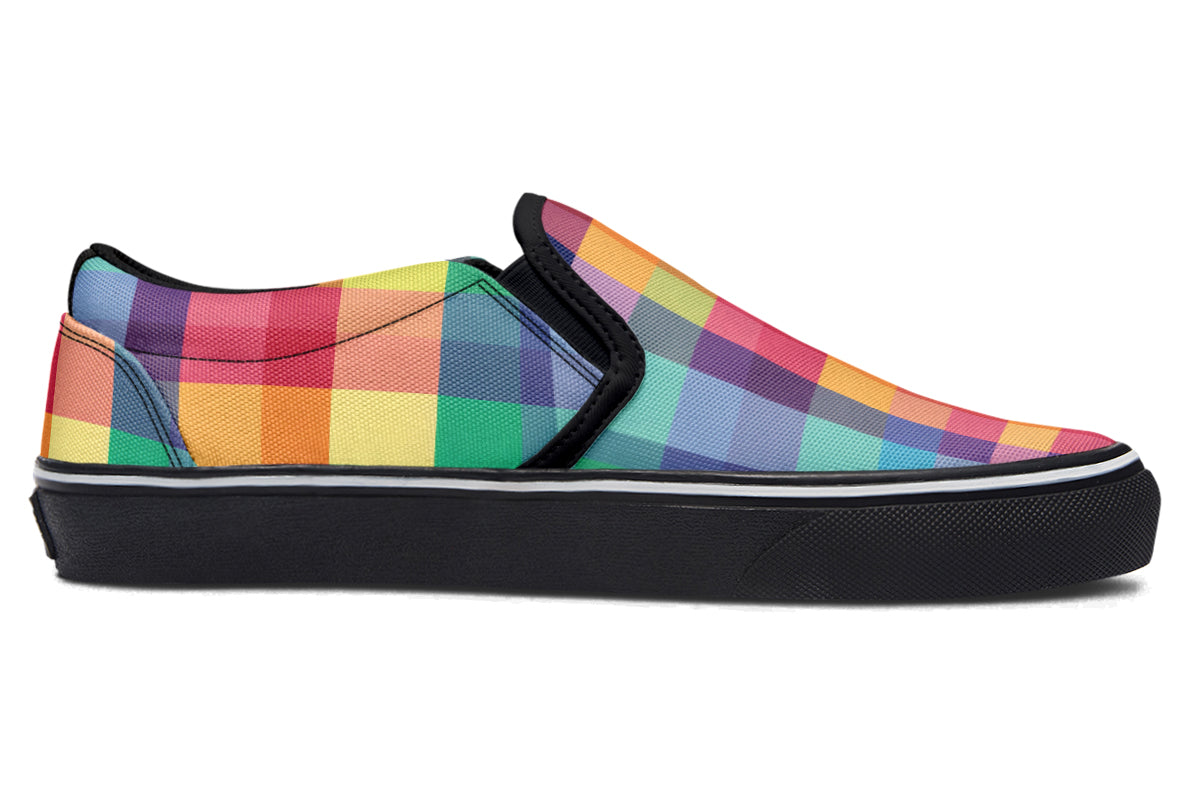 Happy Rainbow Plaid Slip Ons