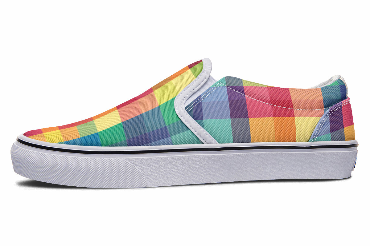Happy Rainbow Plaid Slip Ons