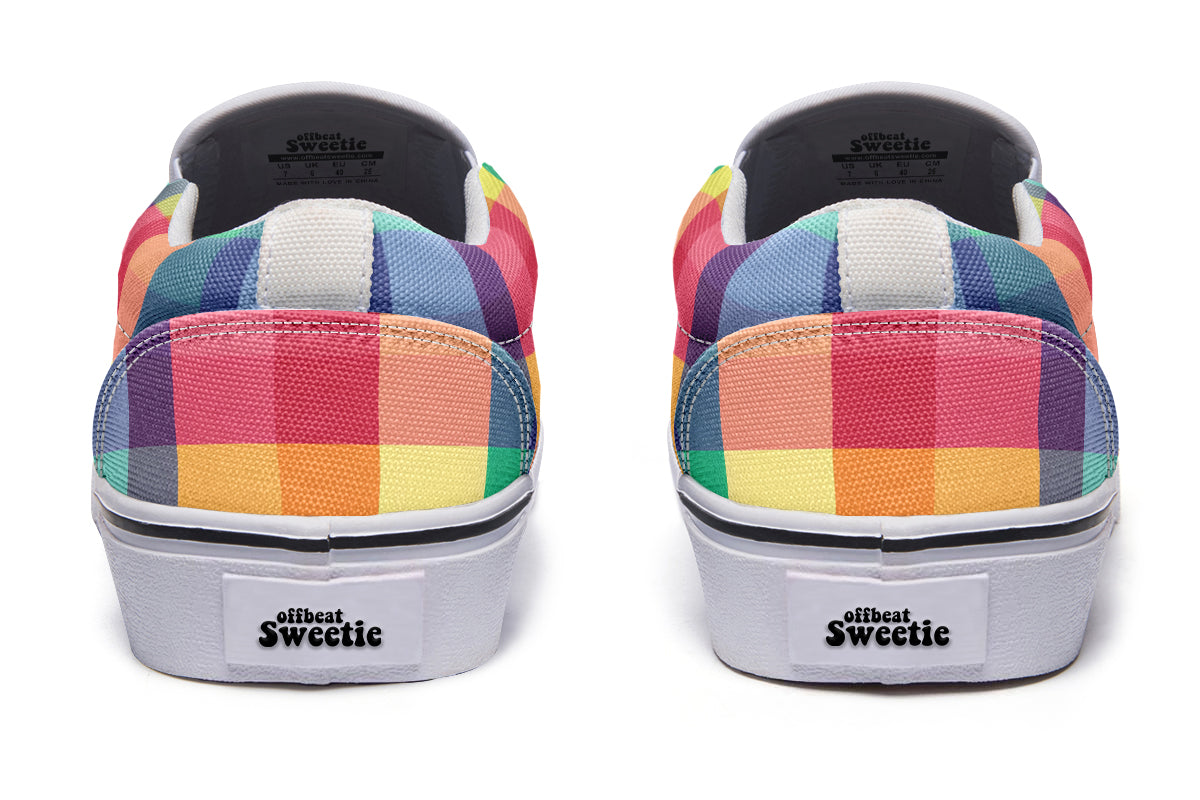 Happy Rainbow Plaid Slip Ons