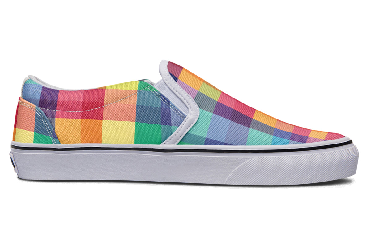 Happy Rainbow Plaid Slip Ons