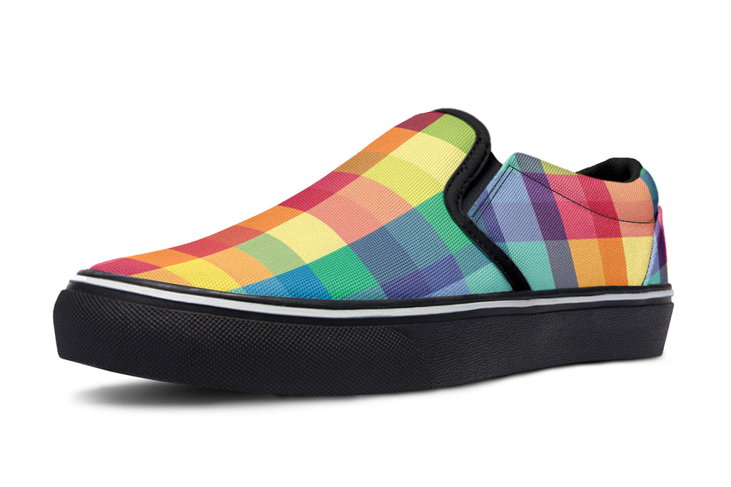 Happy Rainbow Plaid Slip Ons