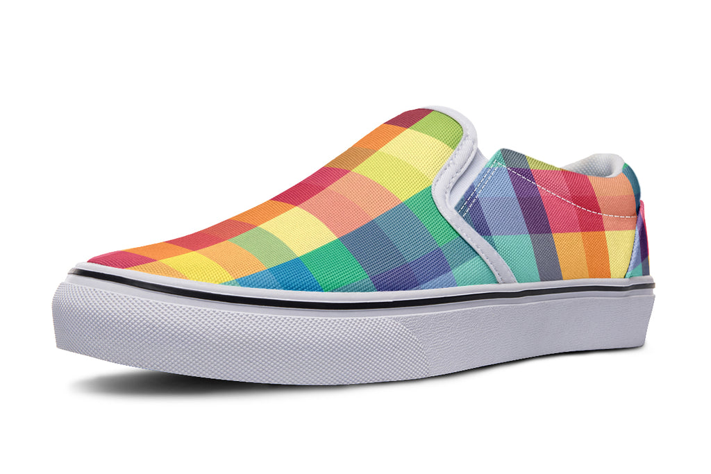 Happy Rainbow Plaid Slip Ons