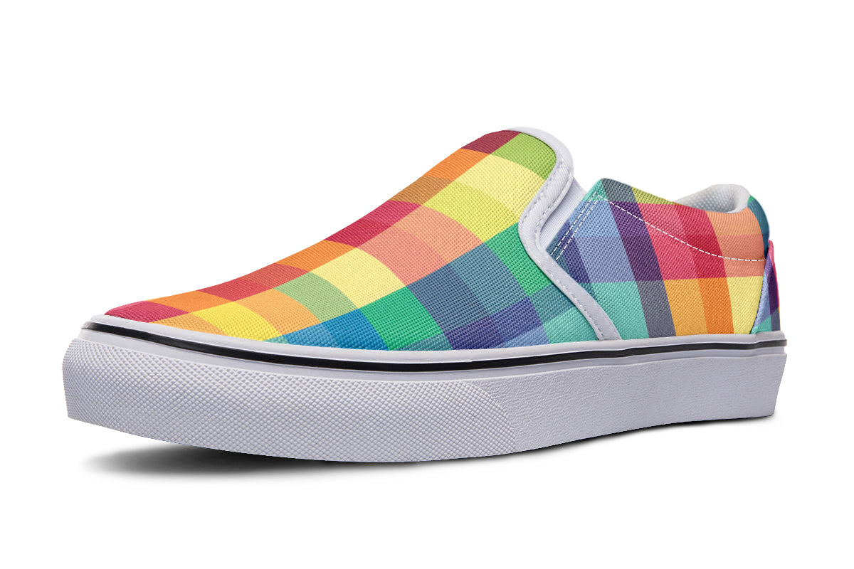 Happy Rainbow Plaid Slip Ons