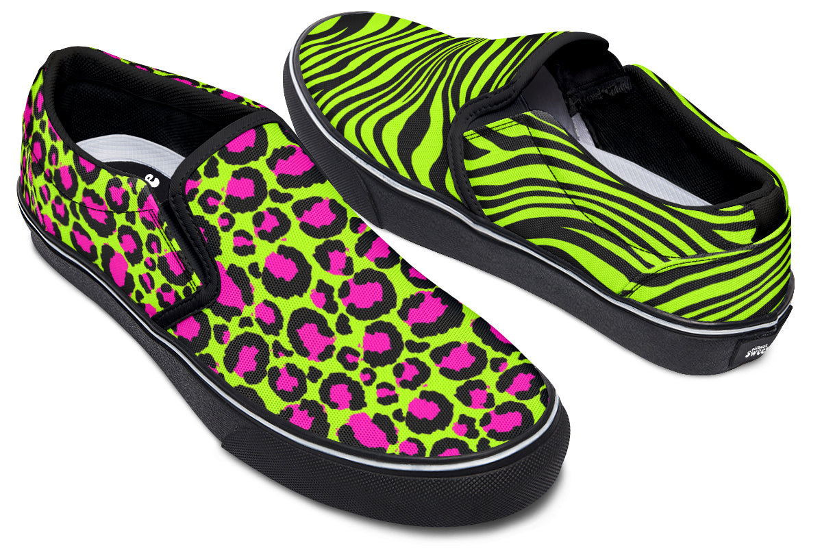 Neon Leopard x Neon Zebra Green Mismatch Slip Ons