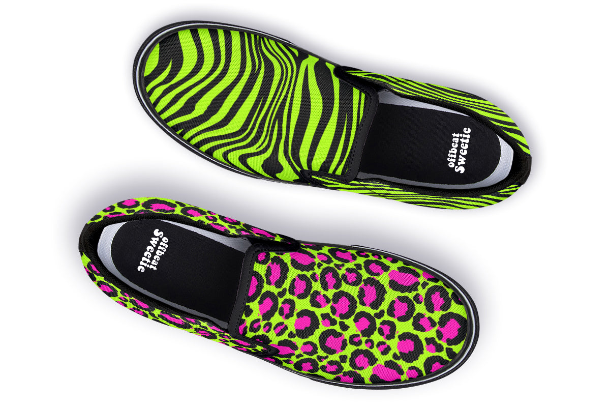 Neon Leopard x Neon Zebra Green Mismatch Slip Ons