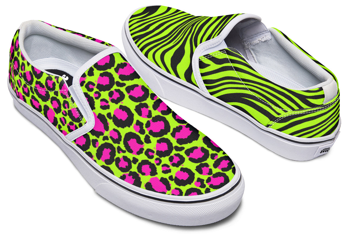 Neon Leopard x Neon Zebra Green Mismatch Slip Ons