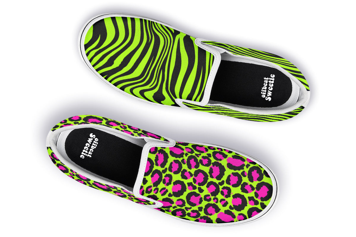 Neon Leopard x Neon Zebra Green Mismatch Slip Ons