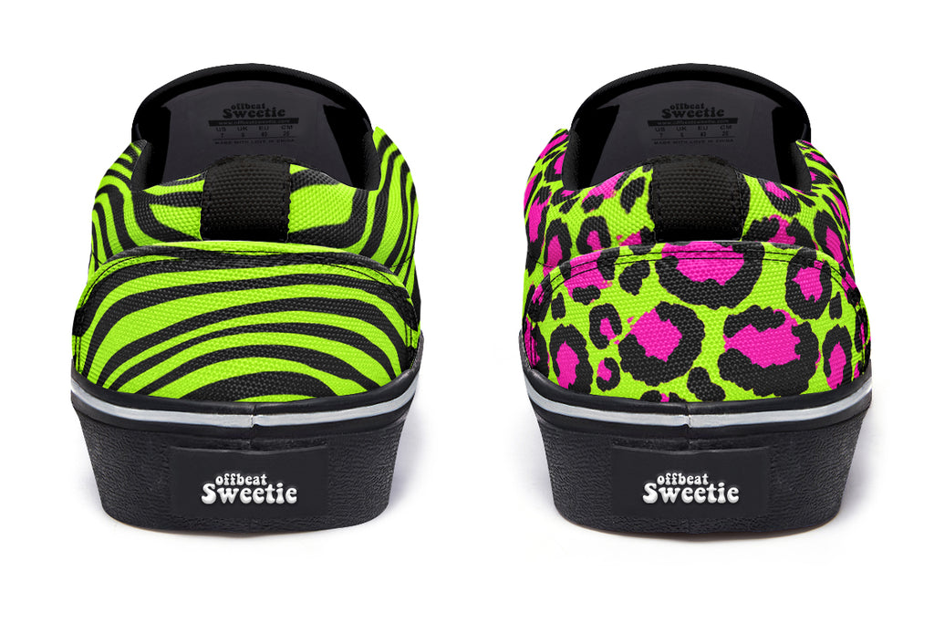 Neon Leopard x Neon Zebra Green Mismatch Slip Ons