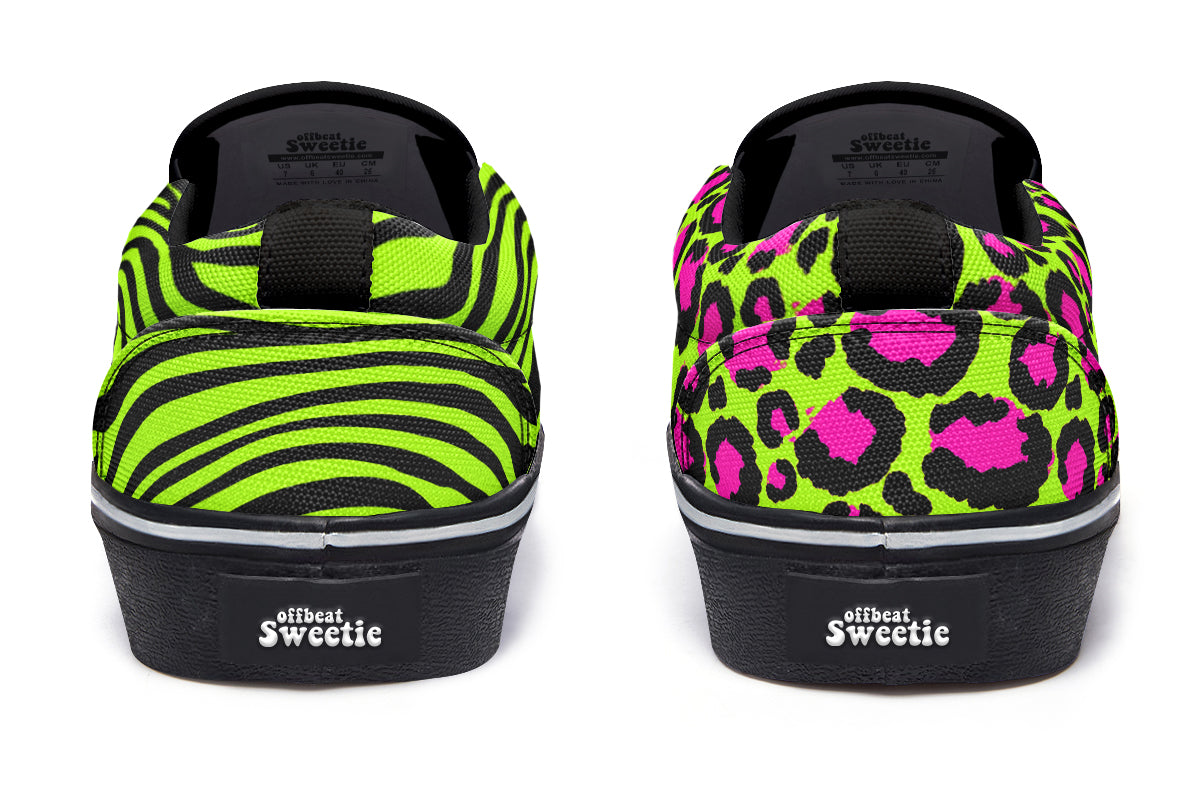 Neon Leopard x Neon Zebra Green Mismatch Slip Ons