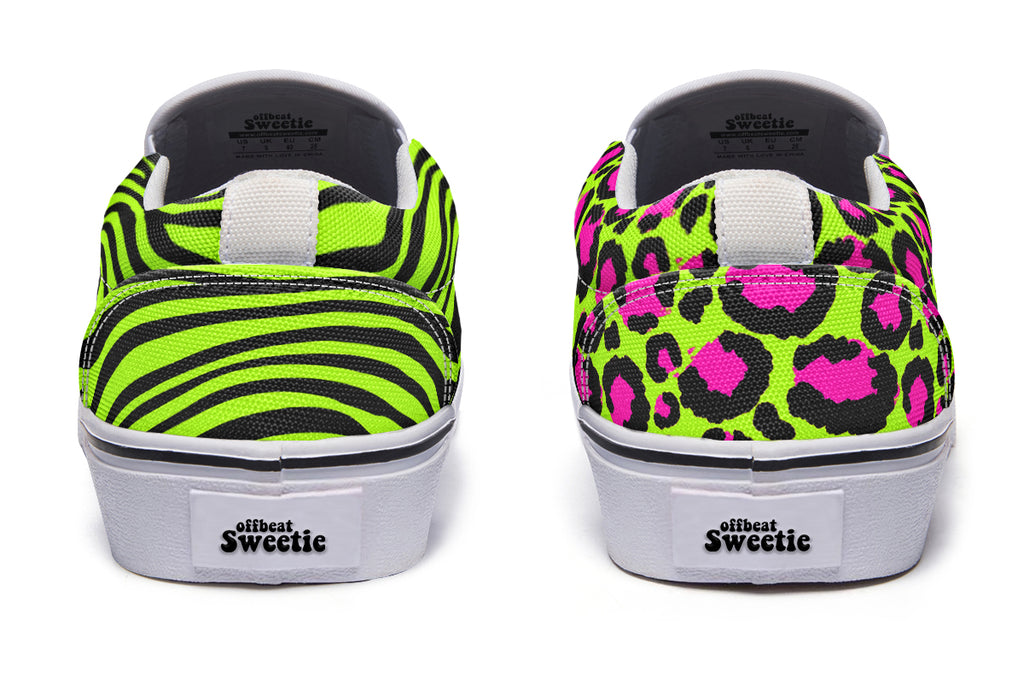 Neon Leopard x Neon Zebra Green Mismatch Slip Ons