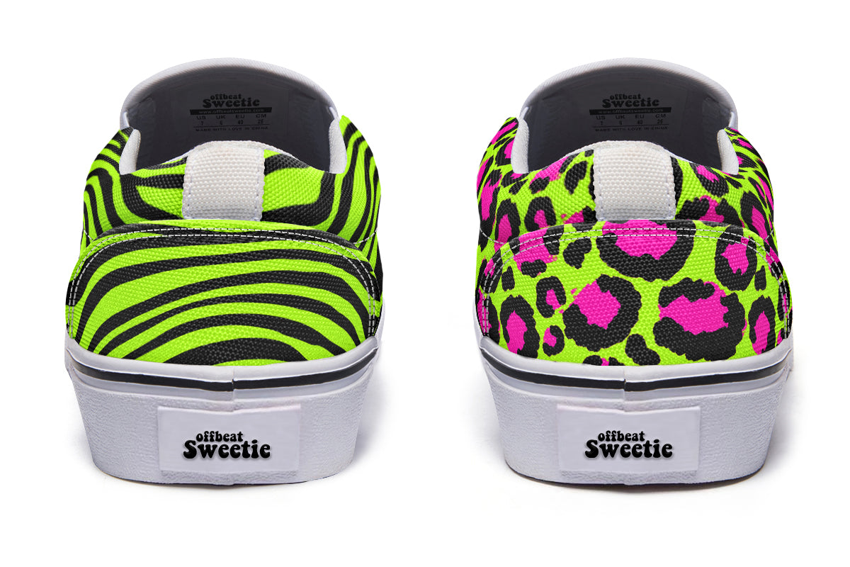 Neon Leopard x Neon Zebra Green Mismatch Slip Ons