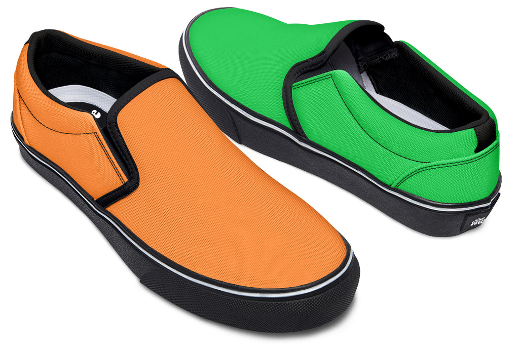 Orange and Green Mismatch Slip Ons - Offbeat Sweetie