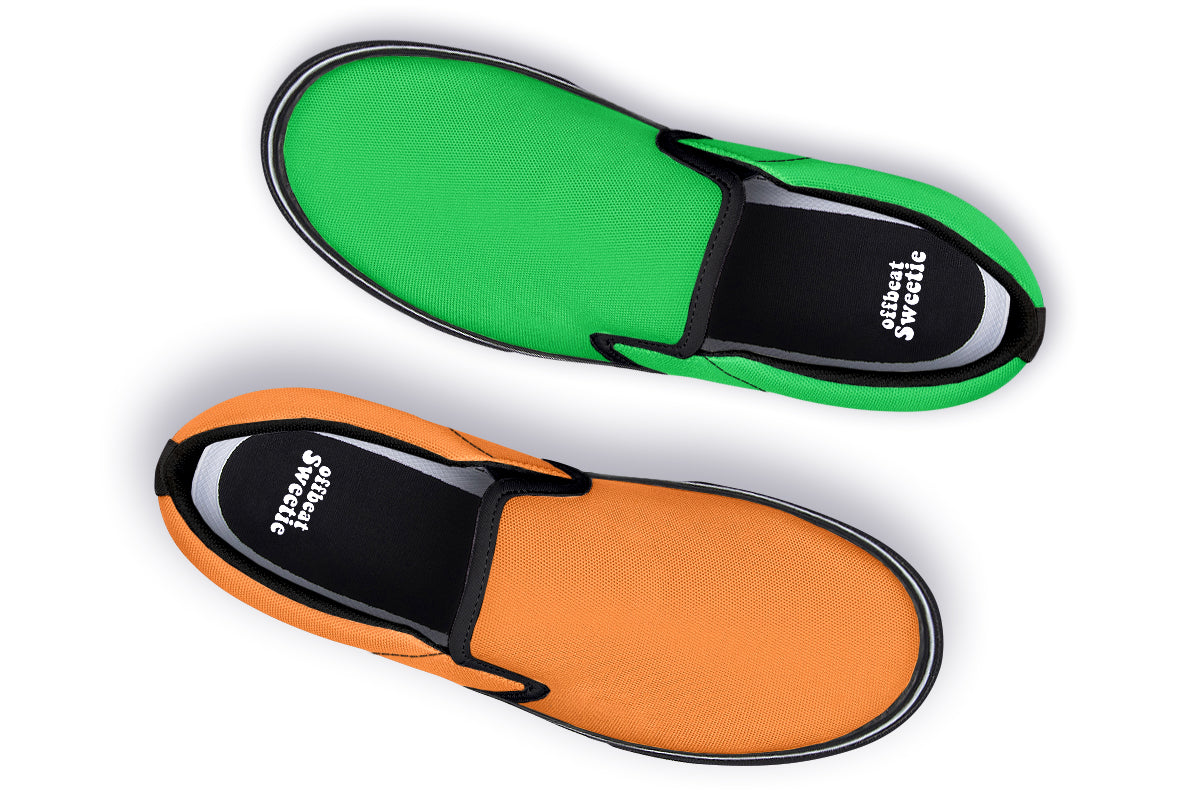 Orange and Green Mismatch Slip Ons - Offbeat Sweetie