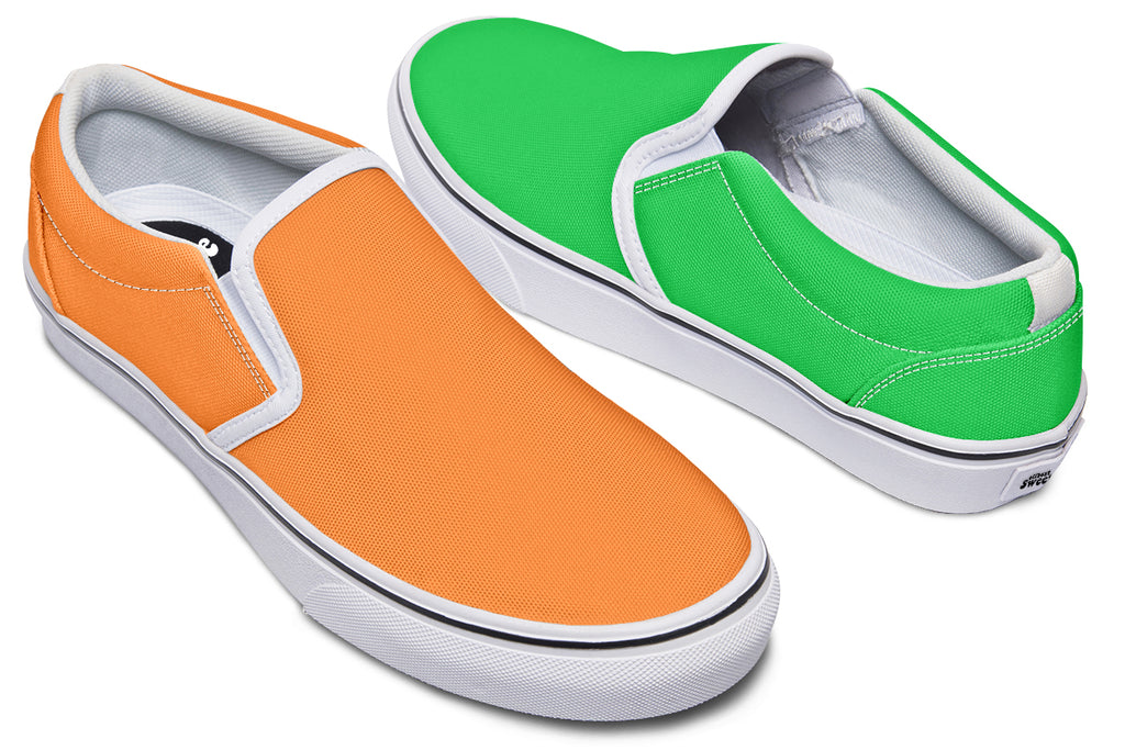 Orange and Green Mismatch Slip Ons - Offbeat Sweetie
