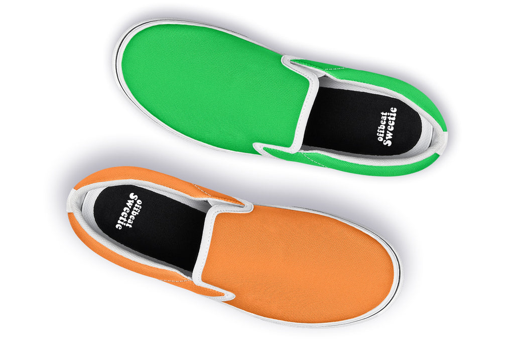 Orange and Green Mismatch Slip Ons - Offbeat Sweetie