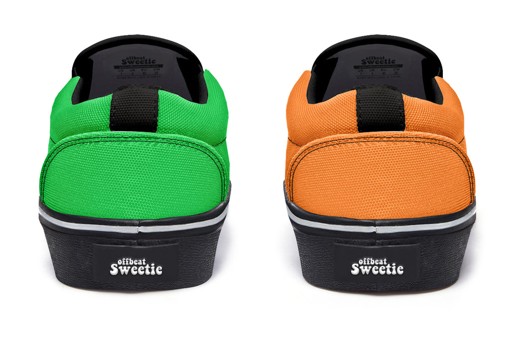 Orange and Green Mismatch Slip Ons - Offbeat Sweetie
