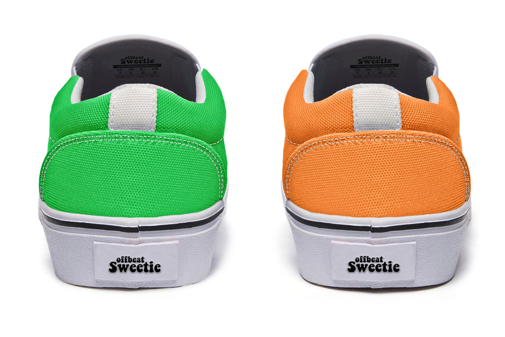 Orange and Green Mismatch Slip Ons - Offbeat Sweetie