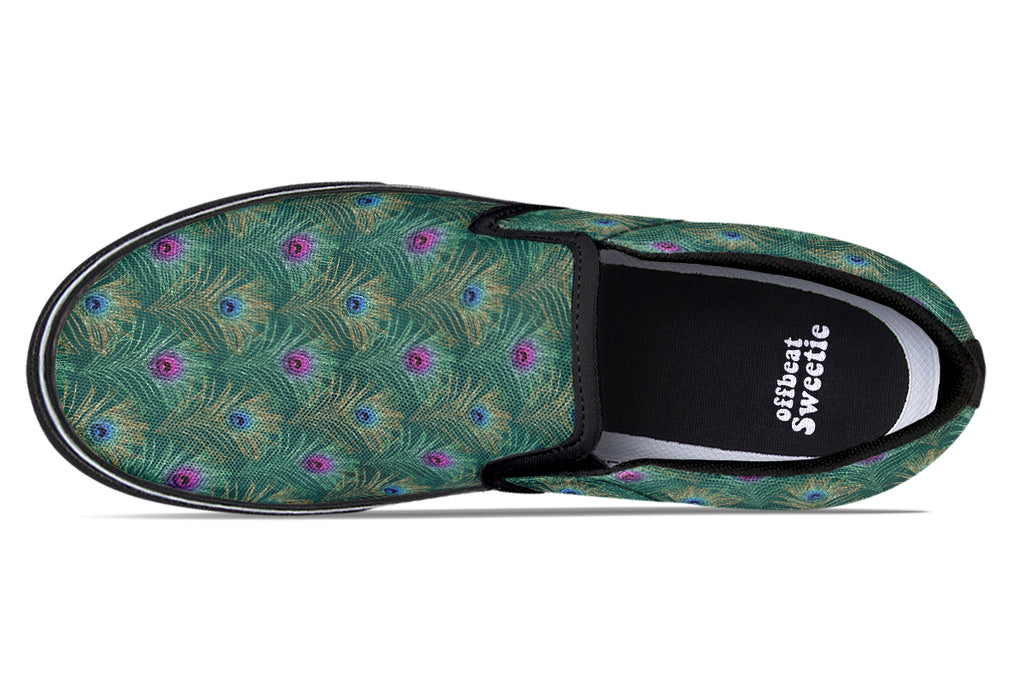 Peacock Feathers Slip Ons - Offbeat Sweetie