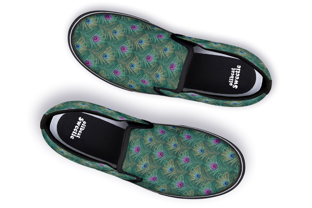Peacock Feathers Slip Ons - Offbeat Sweetie