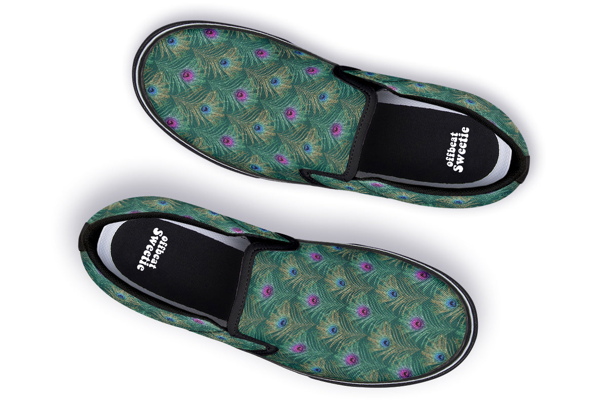 Peacock Feathers Slip Ons - Offbeat Sweetie