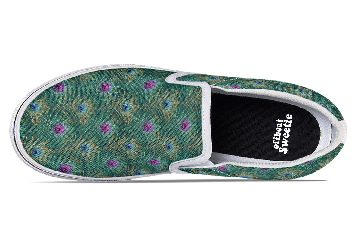 Peacock Feathers Slip Ons - Offbeat Sweetie
