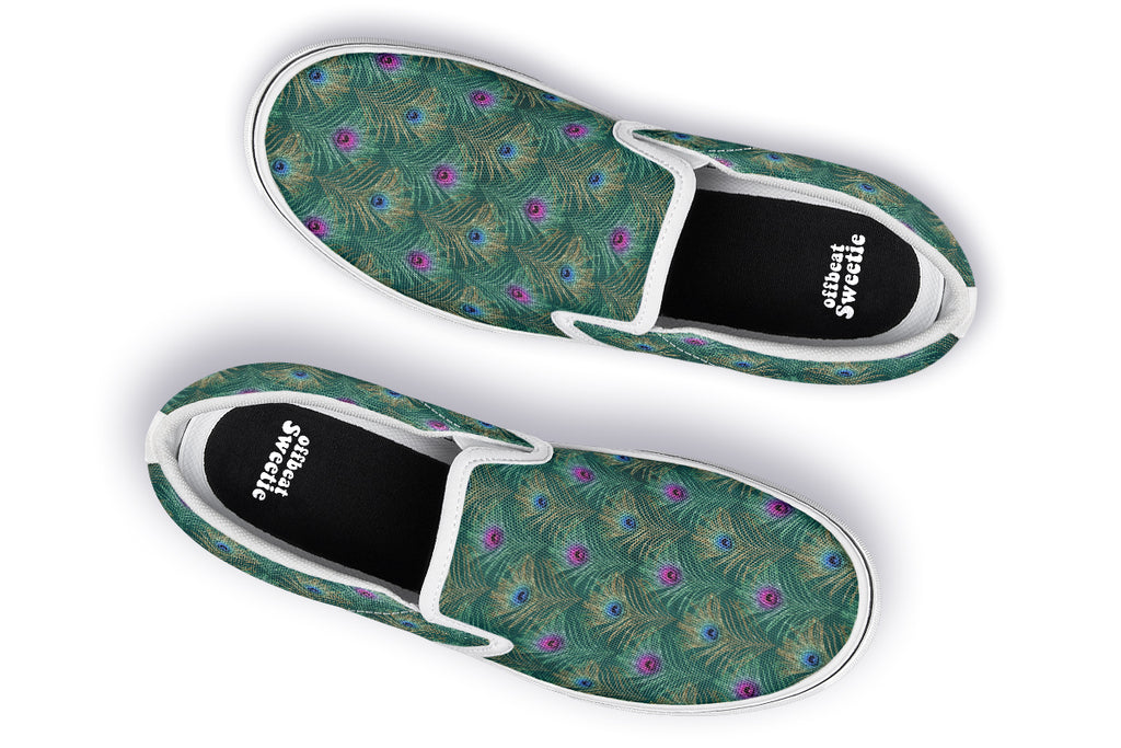 Peacock Feathers Slip Ons - Offbeat Sweetie