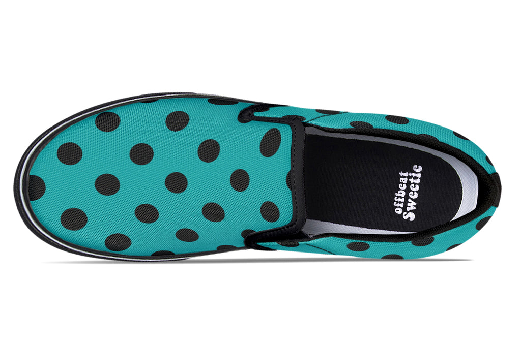 Penny Royal Teal Polka Dot Slip Ons