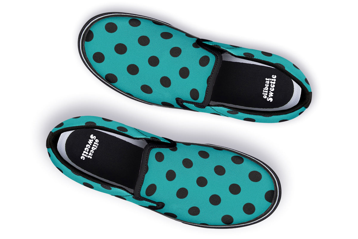 Penny Royal Teal Polka Dot Slip Ons