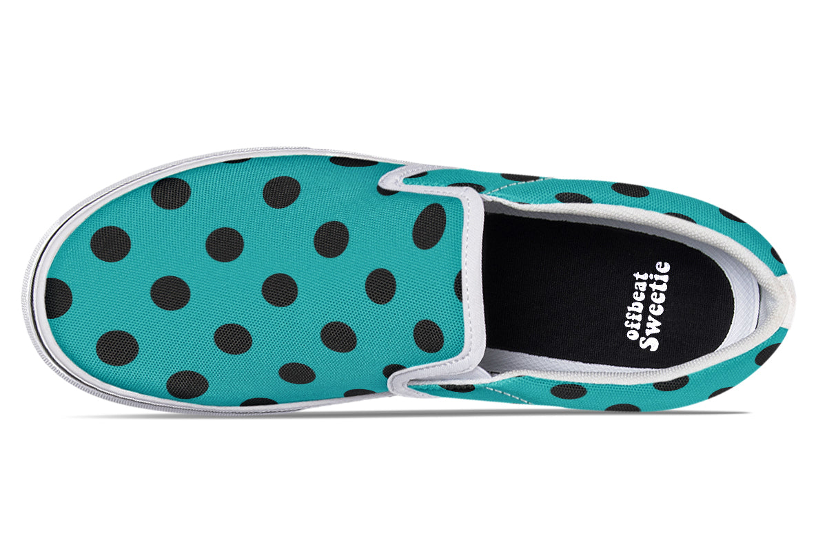 Penny Royal Teal Polka Dot Slip Ons