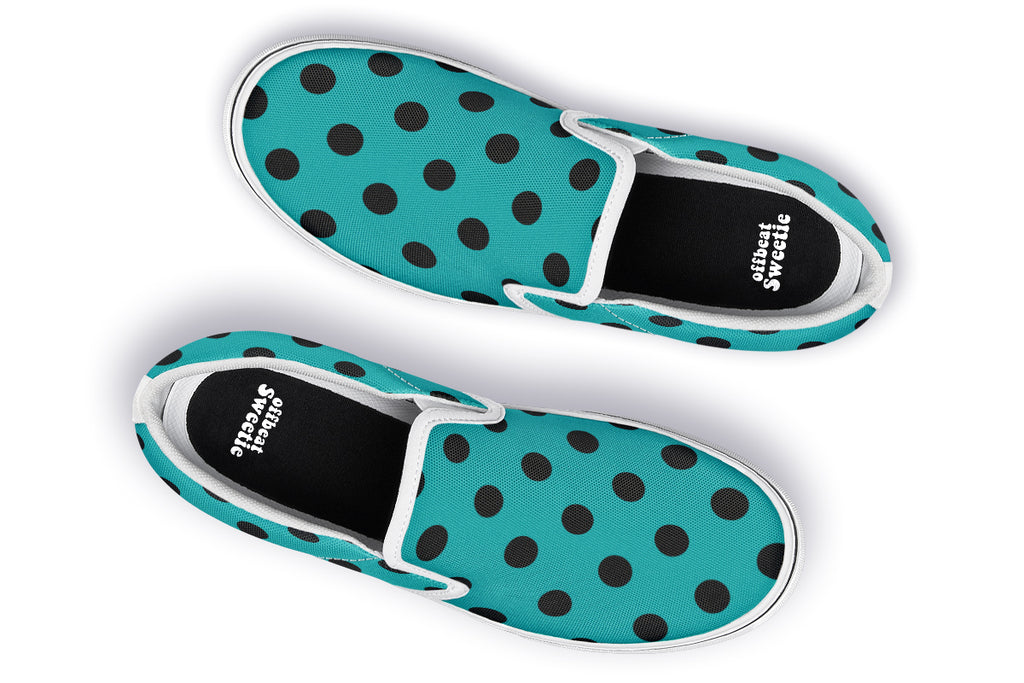 Penny Royal Teal Polka Dot Slip Ons