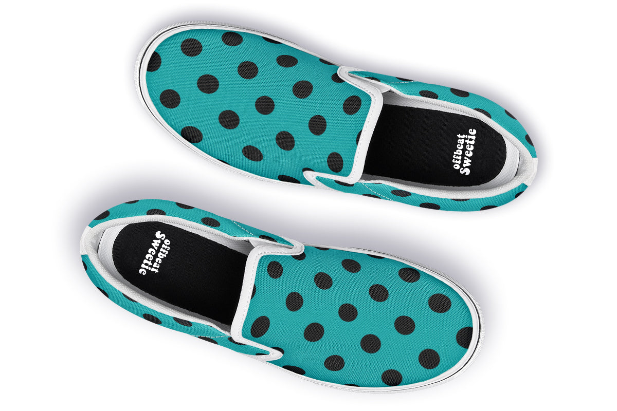 Penny Royal Teal Polka Dot Slip Ons