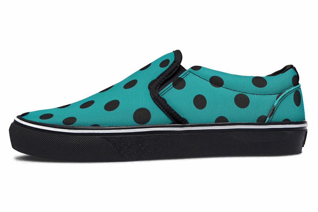 Penny Royal Teal Polka Dot Slip Ons
