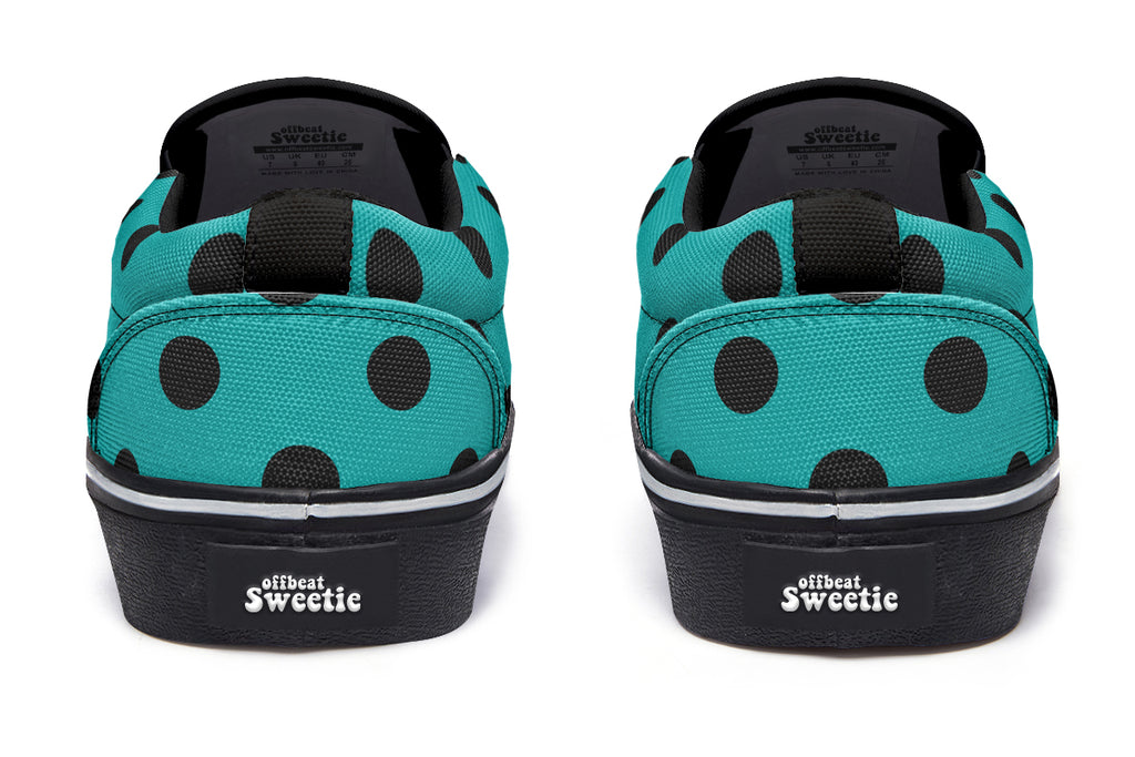 Penny Royal Teal Polka Dot Slip Ons