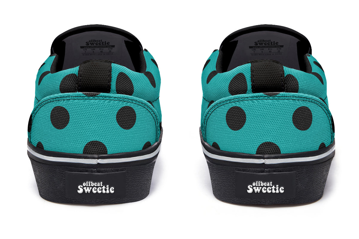 Penny Royal Teal Polka Dot Slip Ons