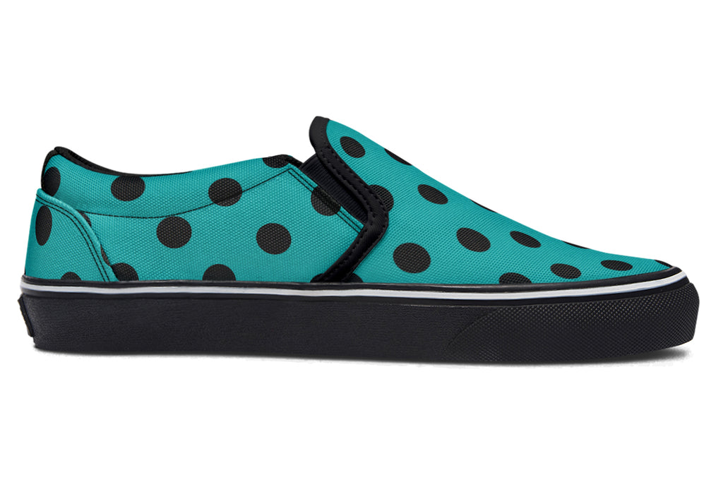 Penny Royal Teal Polka Dot Slip Ons