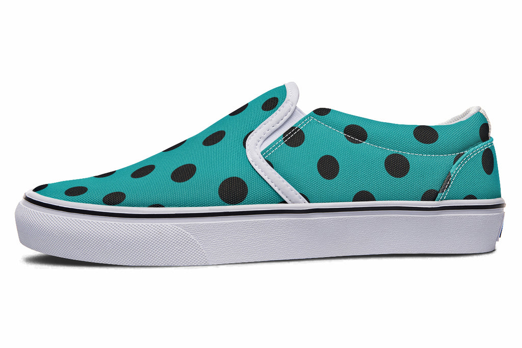 Penny Royal Teal Polka Dot Slip Ons