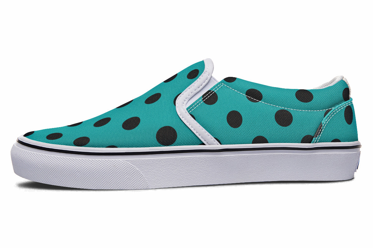 Penny Royal Teal Polka Dot Slip Ons